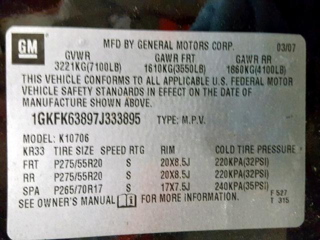 1GKFK63897J333895 - 2007 GMC YUKON DENA BLACK photo 10