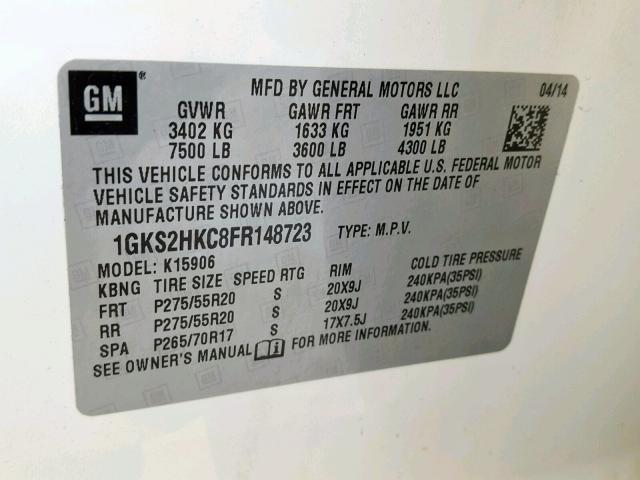 1GKS2HKC8FR148723 - 2015 GMC YUKON XL K WHITE photo 10