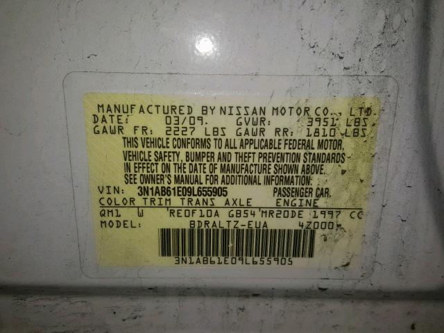 3N1AB61E09L655905 - 2009 NISSAN SENTRA 2.0 WHITE photo 10