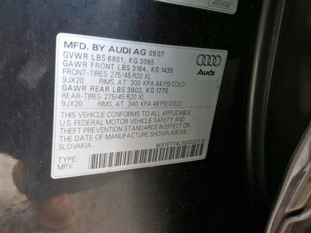 WA1EY74L58D022375 - 2008 AUDI Q7 3.6 QUA BLACK photo 10