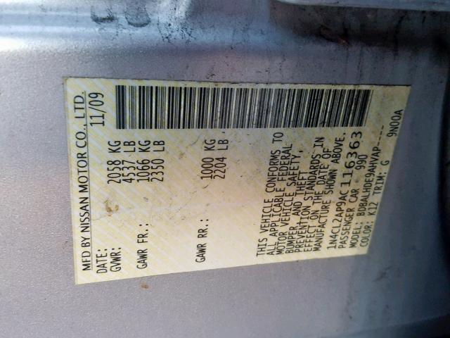 1N4CL2AP9AC116363 - 2010 NISSAN ALTIMA HYB SILVER photo 10