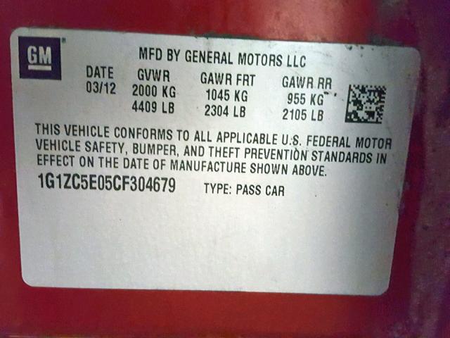 1G1ZC5E05CF304679 - 2012 CHEVROLET MALIBU 1LT წითელი ფოტო 10