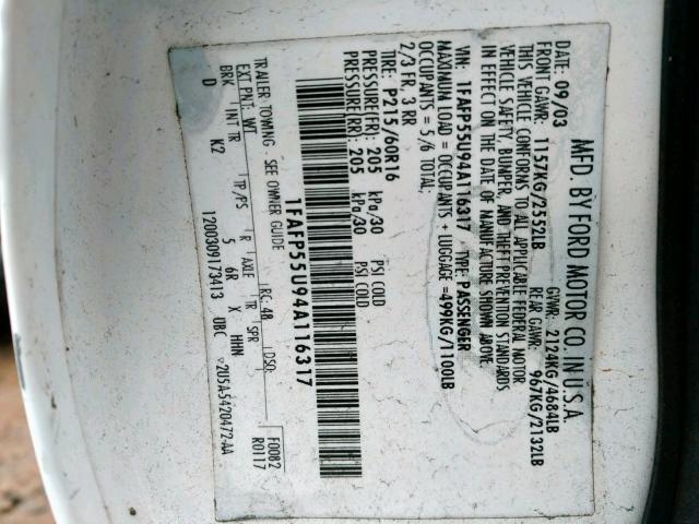 1FAFP55U94A116317 - 2004 FORD TAURUS SES WHITE photo 10