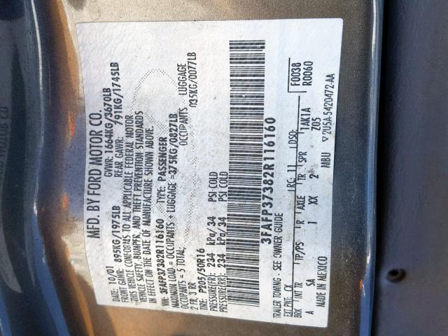 3FAFP37382R116160 - 2002 FORD FOCUS ZX5 GRAY photo 10