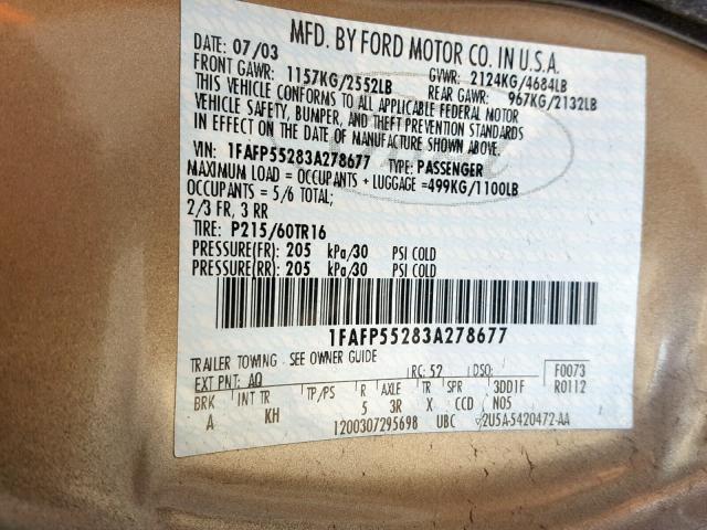 1FAFP55283A278677 - 2003 FORD TAURUS SES GOLD photo 10