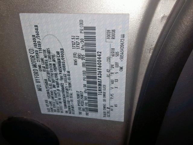 1LNHM87A36Y600442 - 2006 LINCOLN LS SILVER photo 10