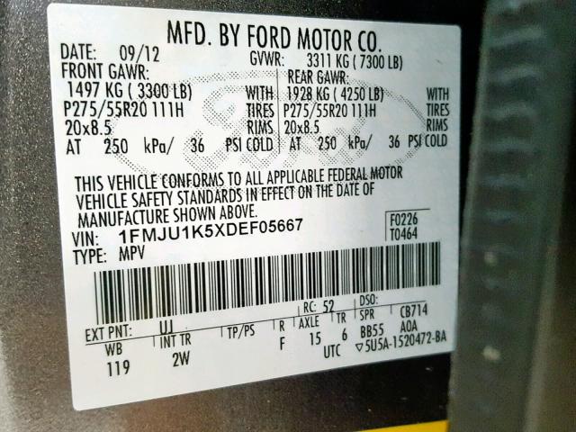 1FMJU1K5XDEF05667 - 2013 FORD EXPEDITION GRAY photo 10