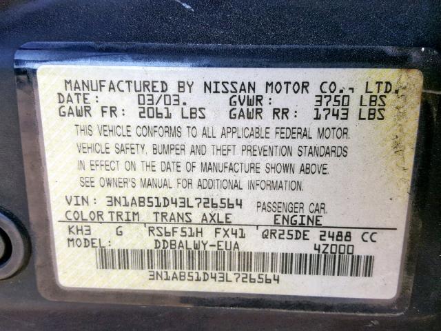 3N1AB51D43L726564 - 2003 NISSAN SENTRA SE- BLACK photo 10