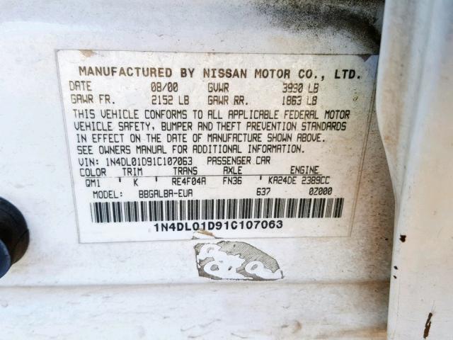 1N4DL01D91C107063 - 2001 NISSAN ALTIMA XE WHITE photo 10