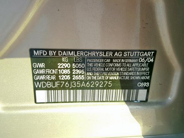 WDBUF76J35A629275 - 2005 MERCEDES-BENZ E 55 AMG SILVER photo 10