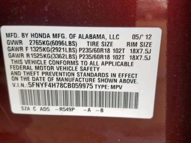 5FNYF4H78CB059975 - 2012 HONDA PILOT EXLN BURGUNDY photo 10