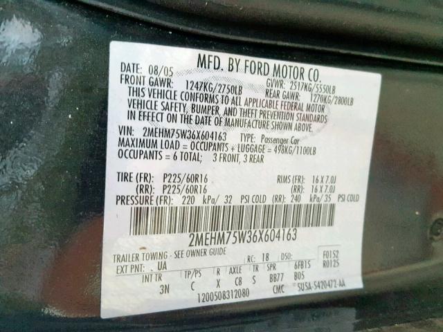 2MEHM75W36X604163 - 2006 MERCURY GRAND MARQ BLACK photo 10