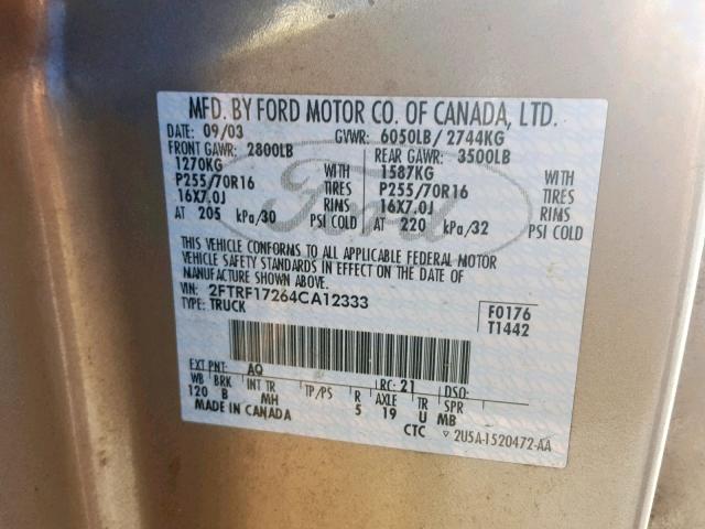 2FTRF17264CA12333 - 2004 FORD F-150 HERI GOLD photo 10