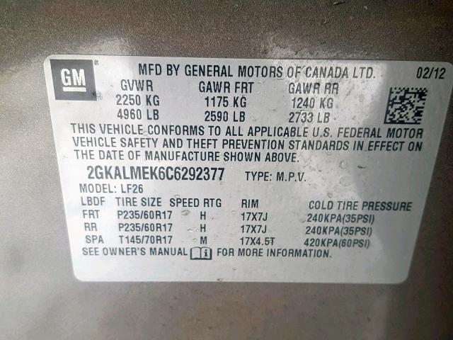 2GKALMEK6C6292377 - 2012 GMC TERRAIN SL BROWN photo 10