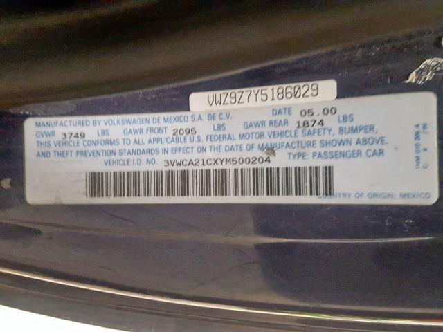 3VWCA21CXYM500204 - 2000 VOLKSWAGEN NEW BEETLE 蓝色 照片 10