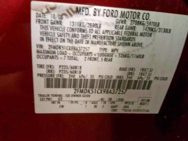 2FMDK51CX9BA37257 - 2009 FORD FLEX SE RED photo 10