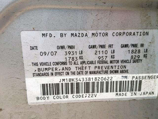 JM1BK343381820622 - 2008 MAZDA 3 HATCHBAC SILVER photo 10