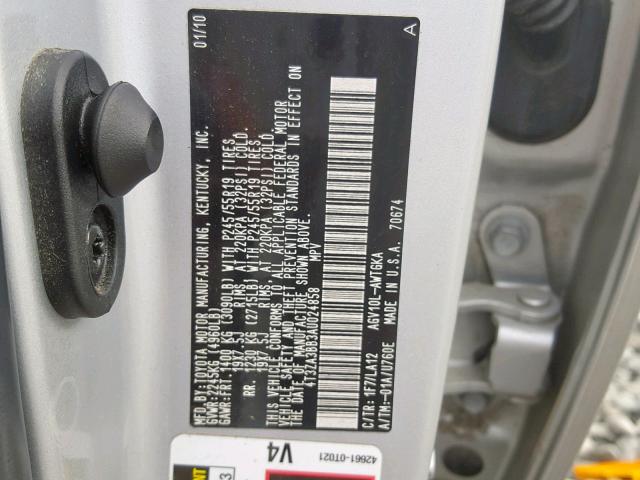 4T3ZA3BB3AU024858 - 2010 TOYOTA VENZA BASE SILVER photo 10