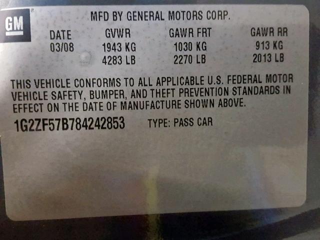 1G2ZF57B784242853 - 2008 PONTIAC G6 VALUE L GRAY photo 10