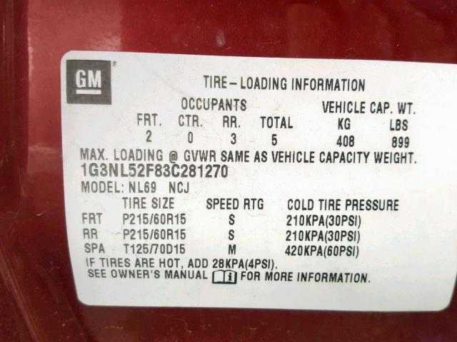 1G3NL52F83C281270 - 2003 OLDSMOBILE ALERO GL MAROON photo 10