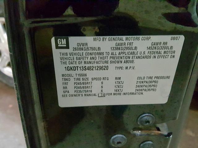 1GKDT13S482129620 - 2008 GMC ENVOY BLACK photo 10