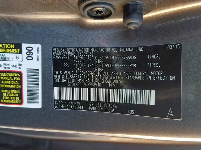 5TDYK3DC7FS598516 - 2015 TOYOTA SIENNA XLE GRAY photo 10