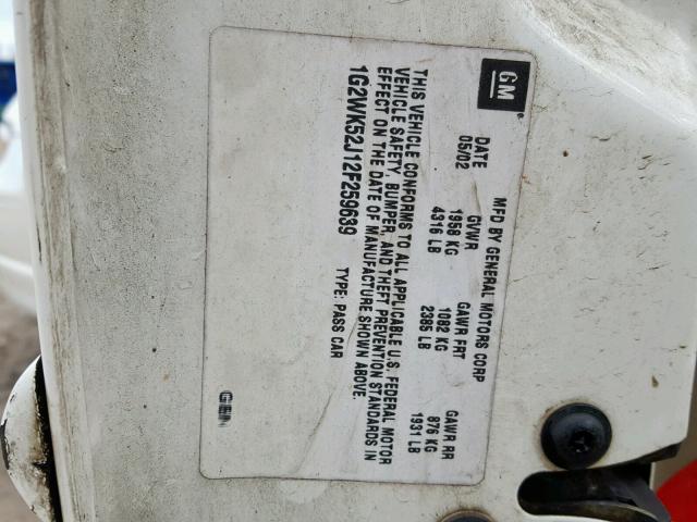 1G2WK52J12F259639 - 2002 PONTIAC GRAND PRIX WHITE photo 10