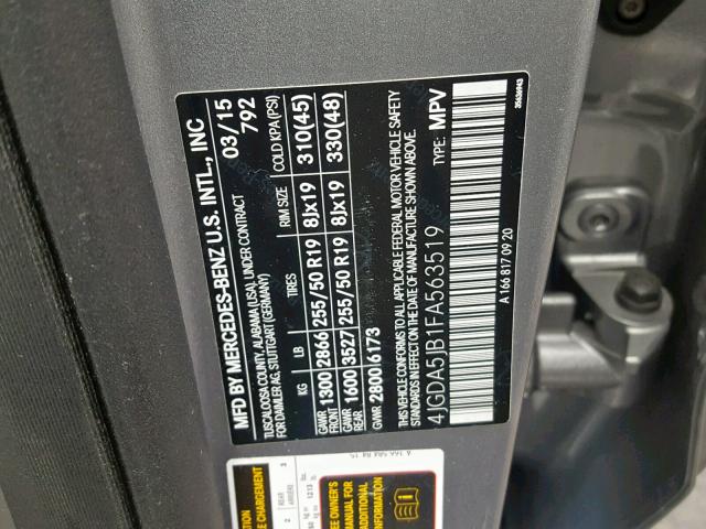 4JGDA5JB1FA563519 - 2015 MERCEDES-BENZ ML 350 GRAY photo 10