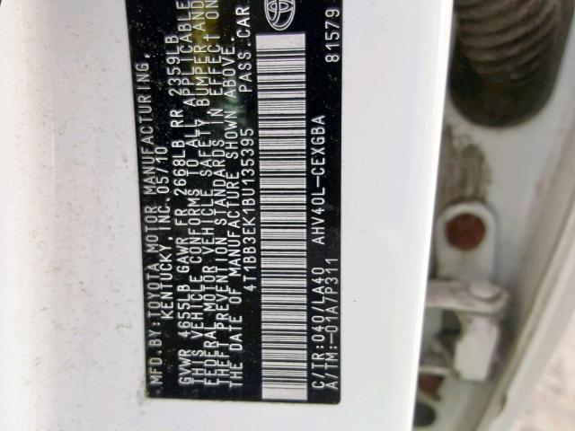 4T1BB3EK1BU135395 - 2011 TOYOTA CAMRY HYBR WHITE photo 10