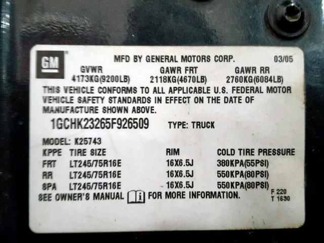 1GCHK23265F926509 - 2005 CHEVROLET SILVERADO BLACK photo 10