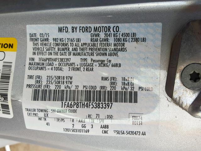 1FA6P8TH4F5383397 - 2015 FORD MUSTANG SILVER photo 10