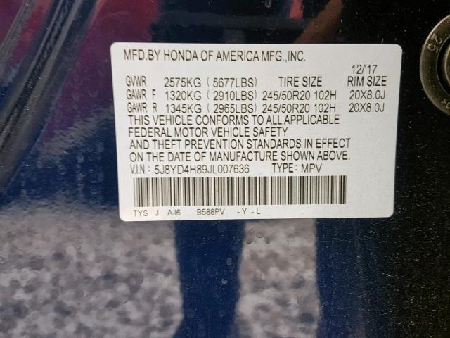 5J8YD4H89JL007636 - 2018 ACURA MDX ADVANC BLUE photo 10