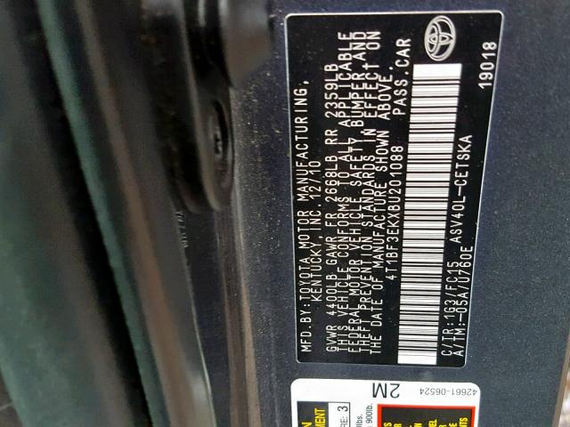 4T1BF3EKXBU201088 - 2011 TOYOTA CAMRY BASE GRAY photo 10