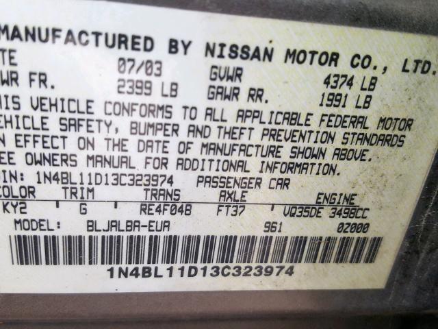 1N4BL11D13C323974 - 2003 NISSAN ALTIMA SE TAN photo 10