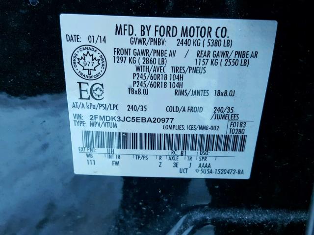 2FMDK3JC5EBA20977 - 2014 FORD EDGE SEL BLACK photo 10