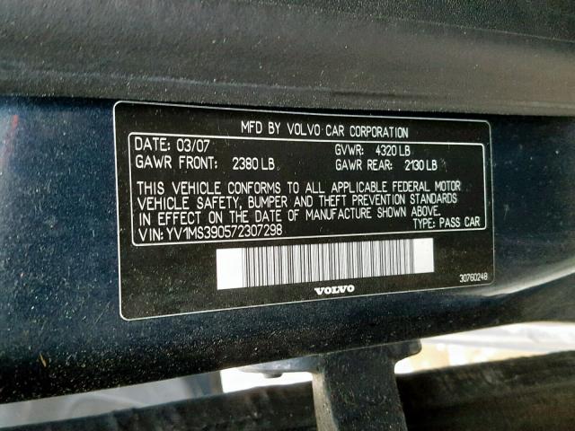 YV1MS390572307298 - 2007 VOLVO S40 2.4I BLUE photo 10