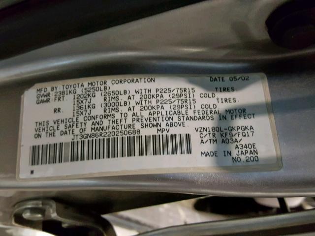 JT3GN86R220250688 - 2002 TOYOTA 4RUNNER SR SILVER photo 10