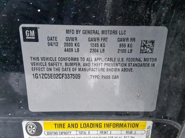 1G1ZC5E02CF337509 - 2012 CHEVROLET MALIBU 1LT 黑色 照片 10