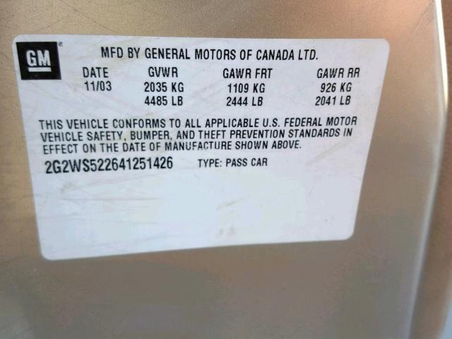 2G2WS522641251426 - 2004 PONTIAC GRAND PRIX GOLD photo 10