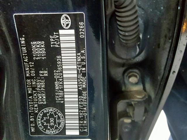 4T1BF1FK4CU165936 - 2012 TOYOTA CAMRY BASE BLUE photo 10