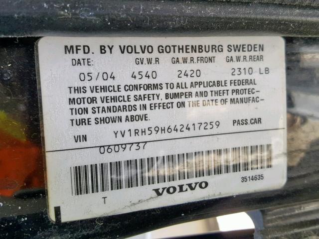 YV1RH59H642417259 - 2004 VOLVO S60 2.5T BLACK photo 10