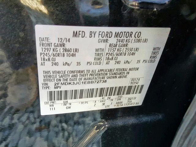 2FMDK3JC1EBB72738 - 2014 FORD EDGE SEL BLACK photo 10