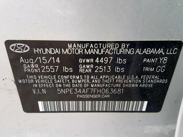 5NPE34AF7FH063681 - 2015 HYUNDAI SONATA SPO SILVER photo 10