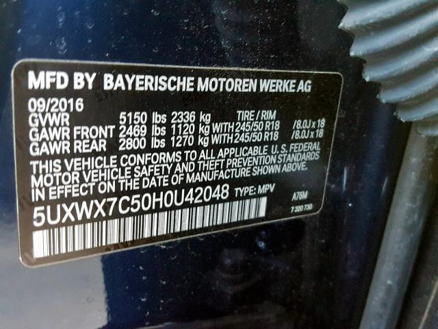 5UXWX7C50H0U42048 - 2017 BMW X3 XDRIVE3 BLUE photo 10