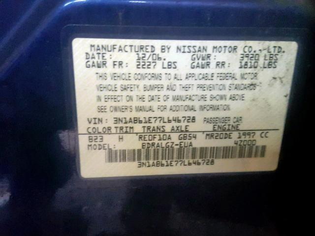 3N1AB61E77L646728 - 2007 NISSAN SENTRA 2.0 BLUE photo 10