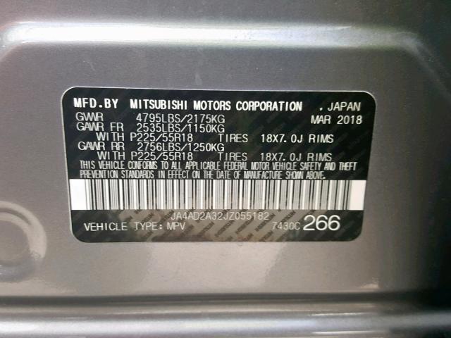 JA4AD2A32JZ055182 - 2018 MITSUBISHI OUTLANDER GRAY photo 10