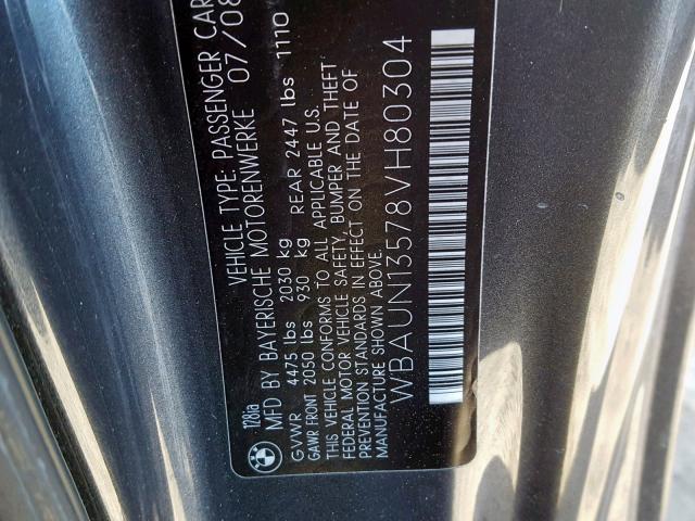 WBAUN13578VH80304 - 2008 BMW 128 I GRAY photo 10