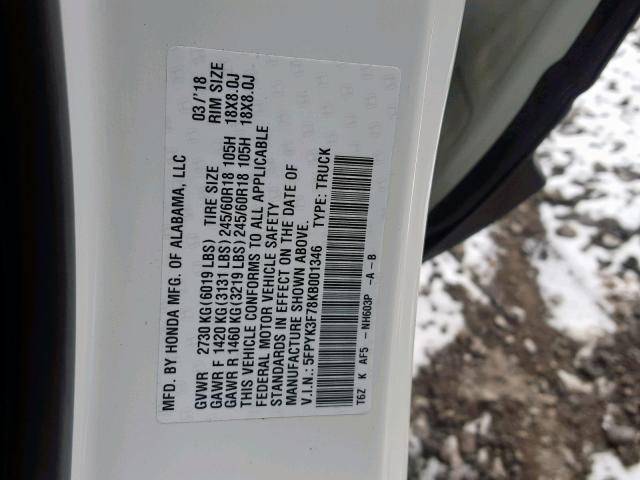 5FPYK3F78KB001346 - 2019 HONDA RIDGELINE WHITE photo 10