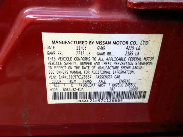 1N4AL21E97C126664 - 2007 NISSAN ALTIMA 2.5 RED photo 10