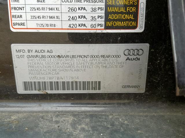 WAUHF78P78A117914 - 2008 AUDI A3 2.0 BLUE photo 10